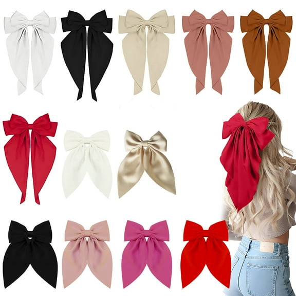 12pcs Silky Satin Hair Bows Set - 6 Long Tail Ribbon Clips & 6 Double-Sided Bow Barrettes, Bow Hair Clips, Satin Hair Bows, Pink Hair Ribbon | Elegant Hair Accessories for Women & Girls