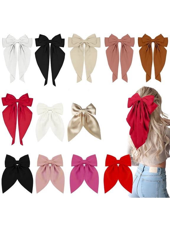 12pcs Silky Satin Hair Bows Set - 6 Long Tail Ribbon Clips & 6 Double-Sided Bow Barrettes, Bow Hair Clips, Satin Hair Bows, Pink Hair Ribbon | Elegant Hair Accessories for Women & Girls