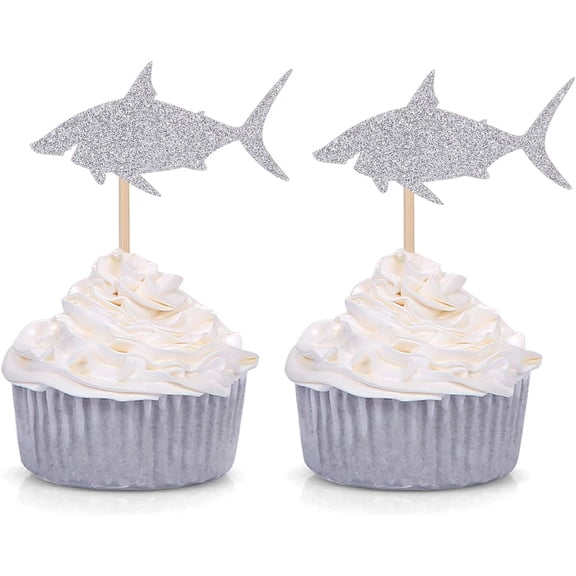 12pcs Silver Shark Cupcake Toppers Boy's Birthday Party Decorations