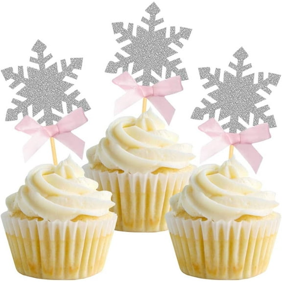 12pcs Silver Snowflake Cupcake Toppers with Pink Bow,Cake Topper Picks for Christmas Party,Wedding Cake Decoration