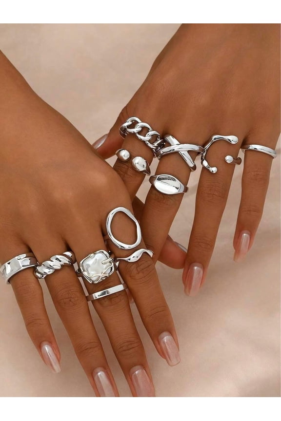 12pcs Silver Tone Creative Multi-Element Hollow Geometric Liquid Abstract Open Ring Set For Women, Bohemian Baroque Style Daily Wear Jewelry