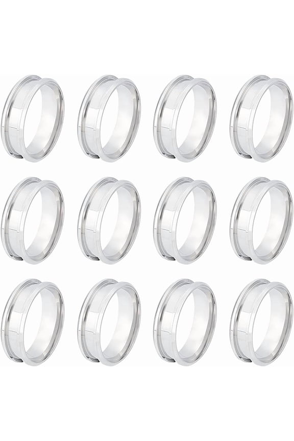 12pcs Size 12 Blank Core Ring Stainless Steel Finger Ring Grooved Finger Ring Inlay Ring Round Empty Ring Blanks with Velvet Pouches for Jewelry MakingStainless Steel Color