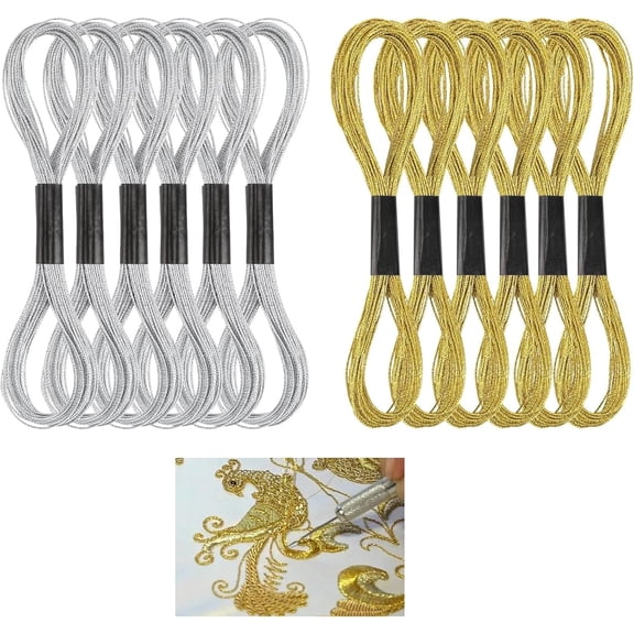 12pcs Skeins Glitter Embroidery Floss Metallic Embroidery Thread Sewing Cross Stitch Threads Gold and Silver Polyester Friendship Bracelets Thread for DIY Embroidery and Crafts Threads