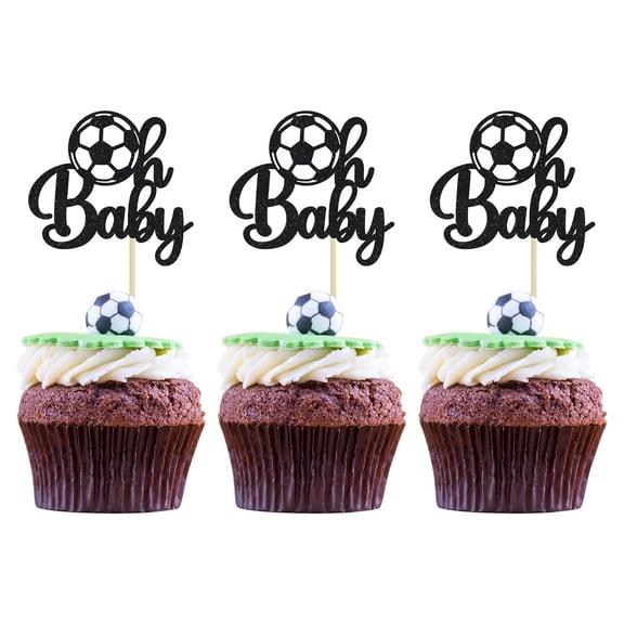 12pcs Soccer Oh Baby Cupcake Toppers Black Glitter Soccer Oh Baby Cake Toppers Sports Theme Babyshower Cake Decorations for Baby Shower Gender Reveal Party Cake Decor Supplies