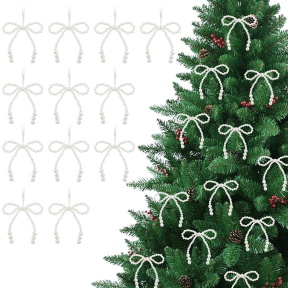 12pcs Sparkling Rhinestone Bow Ornaments - White Bowknots with Bows, Elegant Shiny Hanging Decorations for Christmas Tree, Wedding, Shower, Birthday Party Decor - Multi-Occasion Xmas for all-Holiday