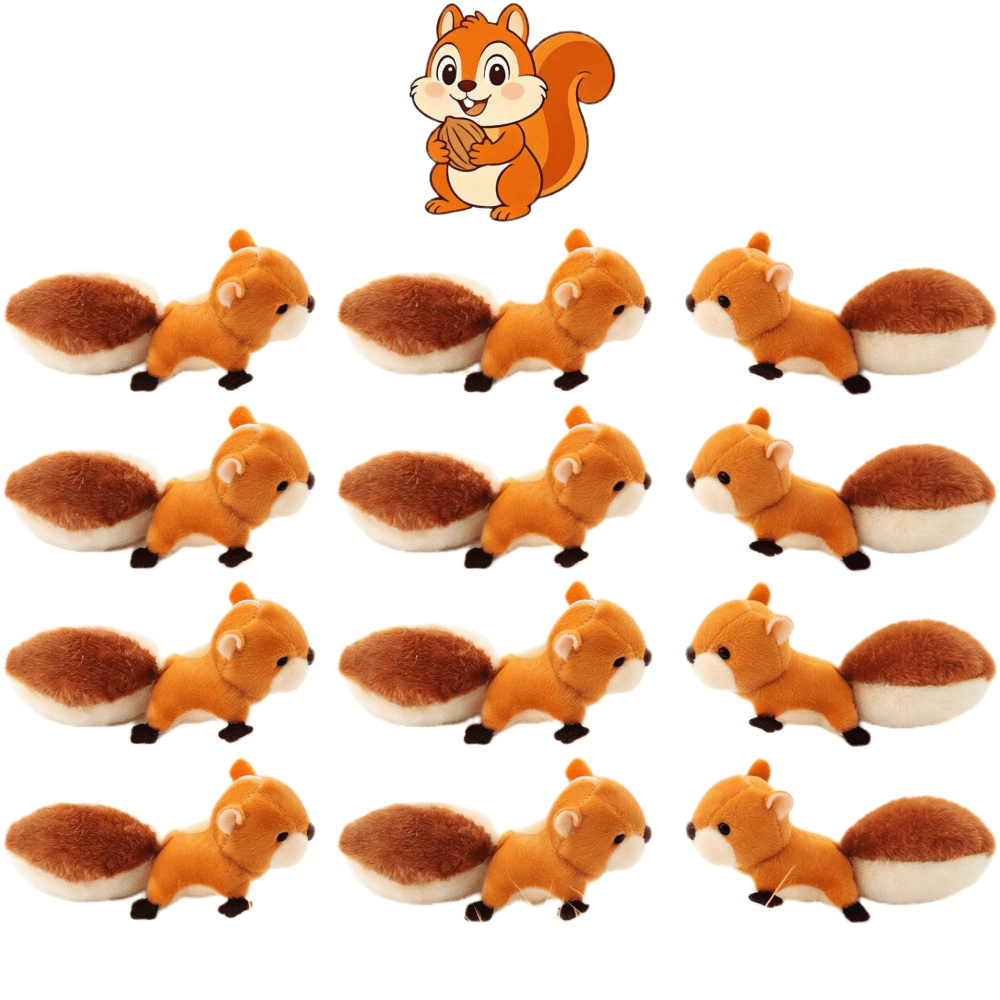 12pcs Squirrel Stuffed Animal Plush Keychains - Soft Polyester, Small Cute Dark Brown with Black Eyes & White Paws, DIY Birthday Party Favors, Backpack Accessories for Ages 3+