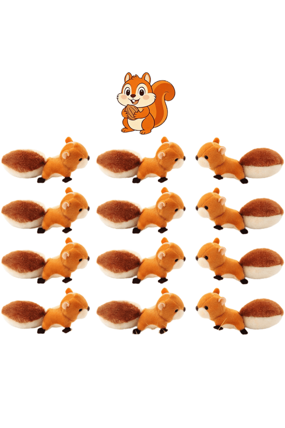 12pcs Squirrel Stuffed Animal Plush Keychains - Soft Polyester, Small Cute Dark Brown with Black Eyes & White Paws, DIY Birthday Party Favors, Backpack Accessories for Ages 3+