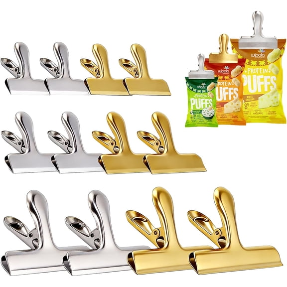 12pcs Stainless Steel Chip Clips, 3 Sizes Bag Food Clip, Heavy Duty Paper Clamps for Office, Air Tight Seal Snack Clips for Bags Food Storage Kitchen Home Usage (5.5/7.8/12cm)
