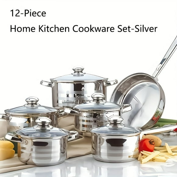 12pcs Stainless Steel Cookware Set - Non-Stick Pots & Pans Induction Compatible for Gas/Induction Stoves - Multi-Purpose Stew & Porridge Pots, Large Capacity Home Kitchen Set