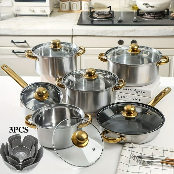 12pcs Pink Non-Toxic Stainless Steel Cookware Set, Non-Stick Pots & Pans, Oven & Dishwasher Safe, Includes 3 Cushions