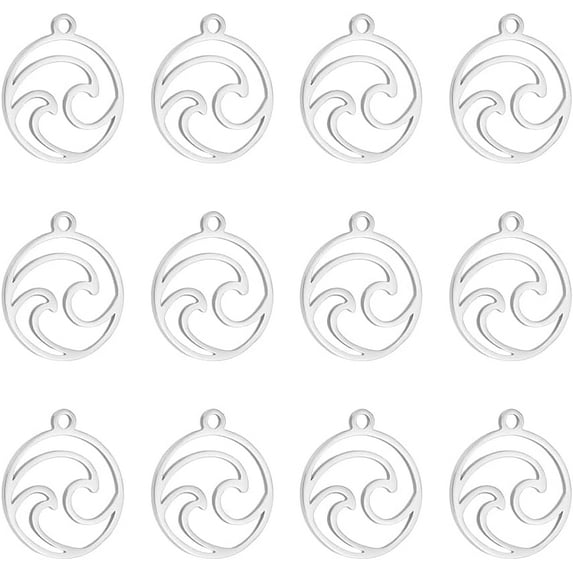 12pcs Stainless Steel Wave Charms Round Hollow Pendants Ring with Waved Charm Ocean Wave Charms Metal Charm Small Charms for Bracelet Necklace Jewelry Making DIY