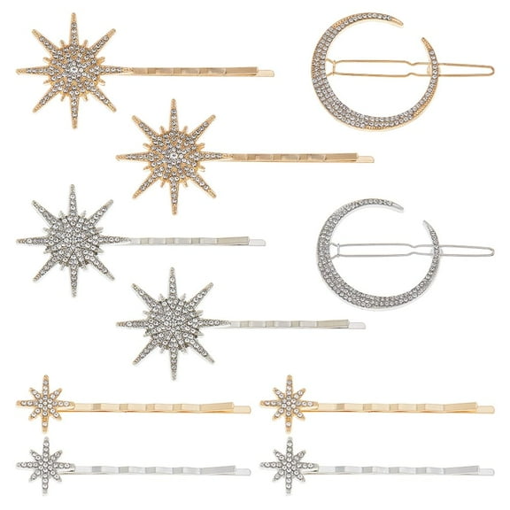 12pcs Stars and Moon Hair Clips 3 Styles Vintage Rhinestone Hair Pin Alloy Rhinestone Hair Barrettes Metal Diamond-studded Hair Accessories