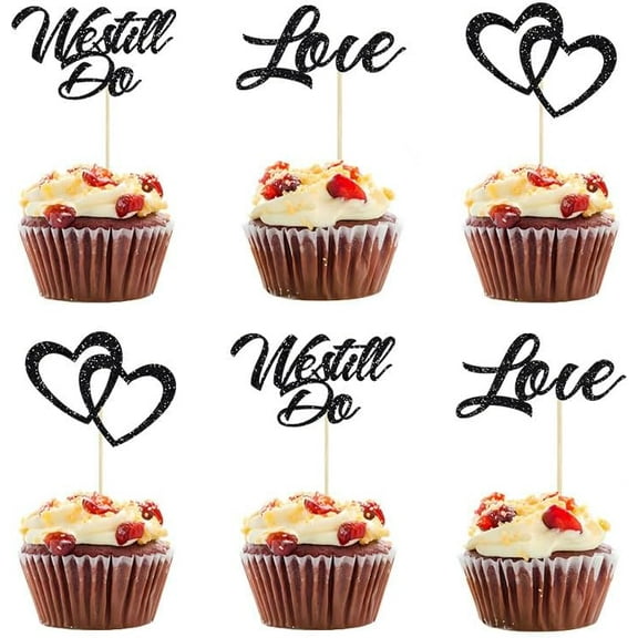 12pcs We Still Do Cupcake Toppers Glitter Love Heart Marriage Anniversary Love Heart Bridal Shower Picks Wedding Engagement Theme Party Cake Decorations Supplie（ Black）