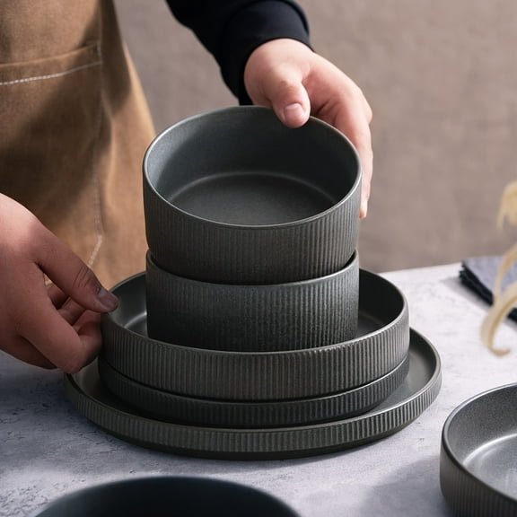 12pcs Stoneware Dinnerware Sets, Round Plates And Bowls Set for 4, Ribbed, Dishwasher And Microwave-safe, Full Glaze Matte Dark Charcoal