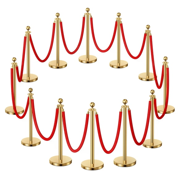 12pcs Sturdy Gold Stanchion Posts and 12pcs High Quality Red Carpet Velvet Ropes, Water/Sand/Concrete Fillable Leakproof Base, Crowd Control Barriers for Birthday, Prom, Business, Wedding