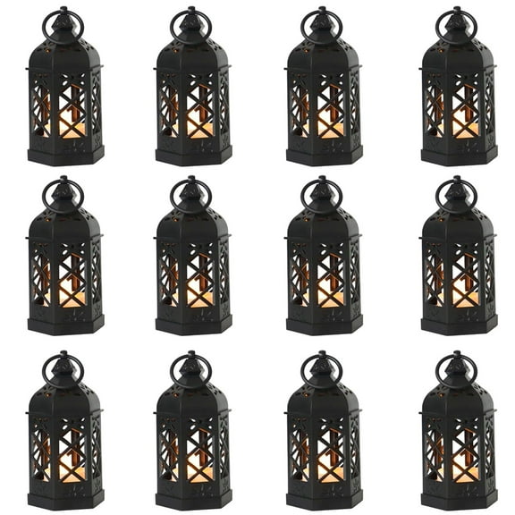 Micrency 12-Pack Mini Lanterns with Flickering LED Candles, Moroccan Style Decorative Hanging Lanterns for Halloween, Christmas, Wedding, Black Lantern for Table Centerpiece, Home & Party Decor