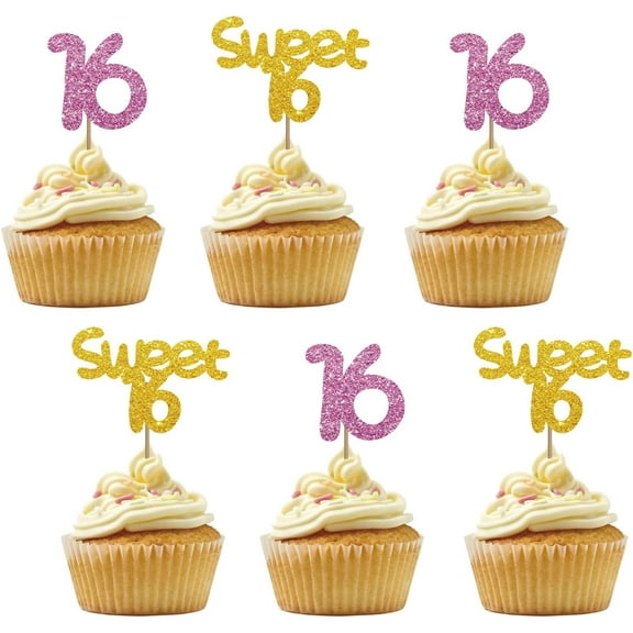 12pcs Sweet 16 Cupcake Toppers, Pink&Gold Glitter Sweet Sixteen Cupcake Toppers for Girl, Number 16 Cake Decorations for 16th Birthday/Anniversary Party Supplies