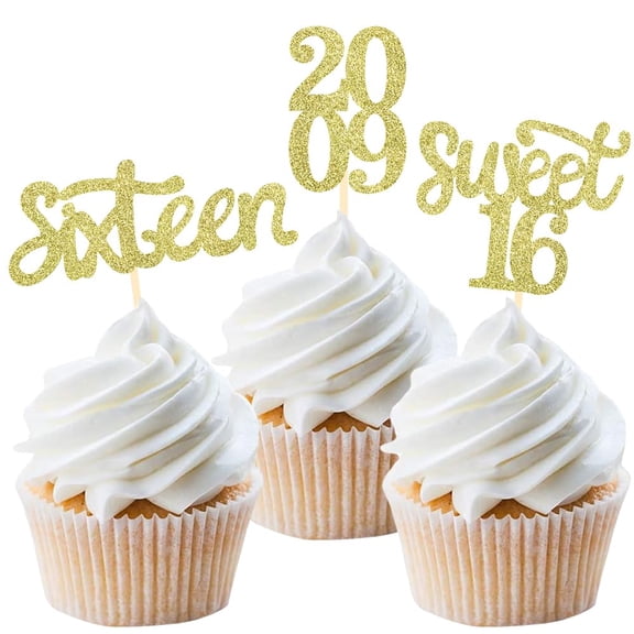 12pcs Sweet 16 Gold Glitter Birthday Cupcake Toppers for 16th Birthday Celebrating Party Decorations (Gold)