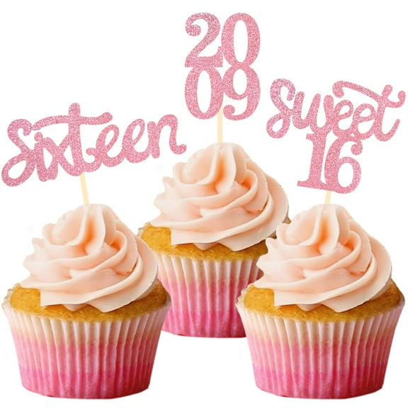 12pcs Sweet 16 Pink Glitter Birthday Cupcake Toppers for 16th Birthday Celebrating Party Decorations (Pink)
