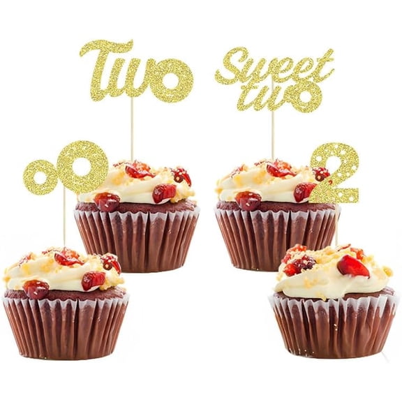 12pcs Sweet Two Cupcake Toppers Donut Party Decorations Picks Two Cake Decoration for 2st Theme Birthday Party Baby Shower SuppliesGold