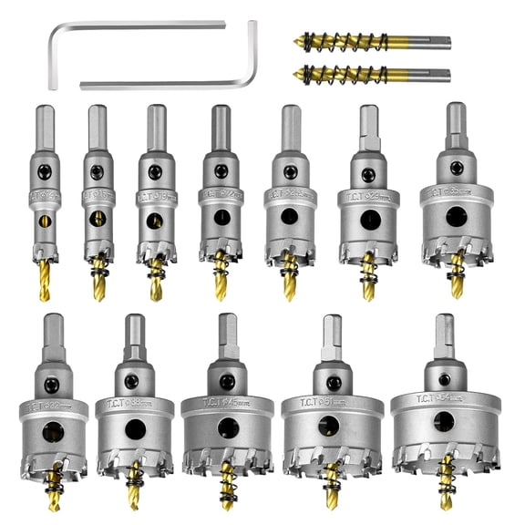 12pcs TCT Hole Saw Kit Tungsten Carbide Tipped Hole Saw Drill Bit with -Plated Pilot Drill bit for Metal, Stainless Steel, Iron, Wood, Plastic 9/16" - 2-1/8" 14mm+16mm+19mm+22mm