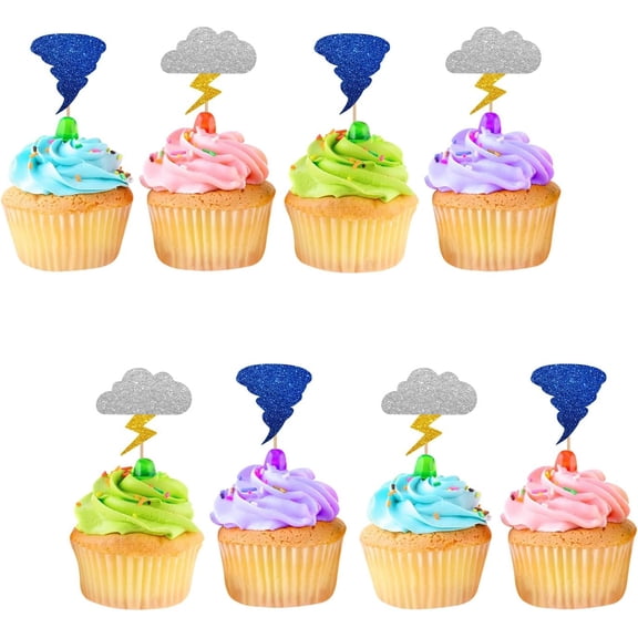 12pcs Tornado Cupcake Toppers, Twonado/Fournado Birthday Cupcake Toppers, Blue Glitter Lightning Cupcake Picks for Kids, Weather Themed Birthday Party Supplies