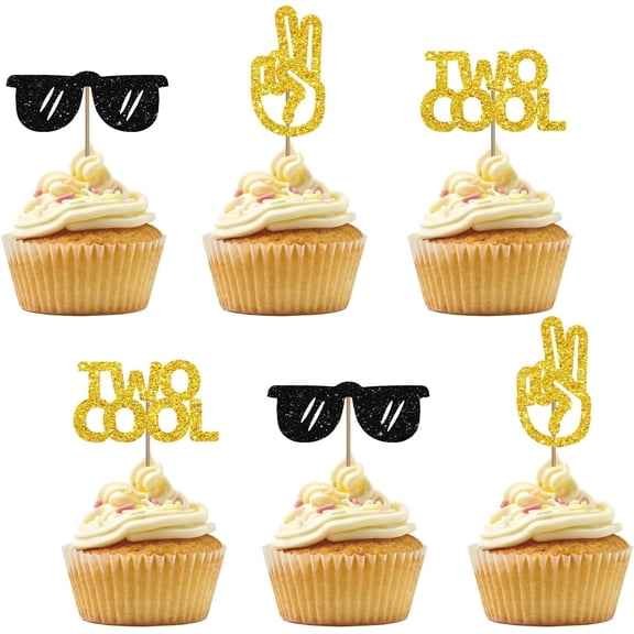 12pcs Two Cool Cupcake Toppers for 2nd Birthday, Gold & Black Glitter Happy 2nd Birthday Peacekeeper Cupcake Picks, Cake Decorations for Baby Shower Party Supplies