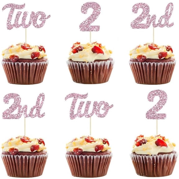 12pcs Two Cupcake Toppers Glitter 2nd Birthday Baby Shower Anniversary Second Birthday Party Cake Decorations SuppliesPink