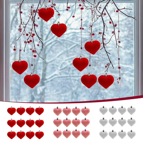 12pcs Valentine’s Day Flocked Heart Ornaments - Small Heart-Shaped Pendants for Wreaths, Trees & Gifts, Romantic Festive Decor for Home & Party, Durable Soft Fuzzy Holiday Accents, 1.9*1.7in, Pink