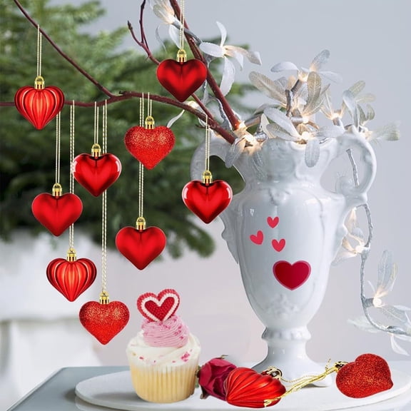 12pcs Valentine’s Day Heart-Shaped Hanging Ornaments - Romantic Party Decorations for Home Indoor/Outdoor, Cute Heart Ornament Set, Festive Valentines Decor for Table Wall, Red