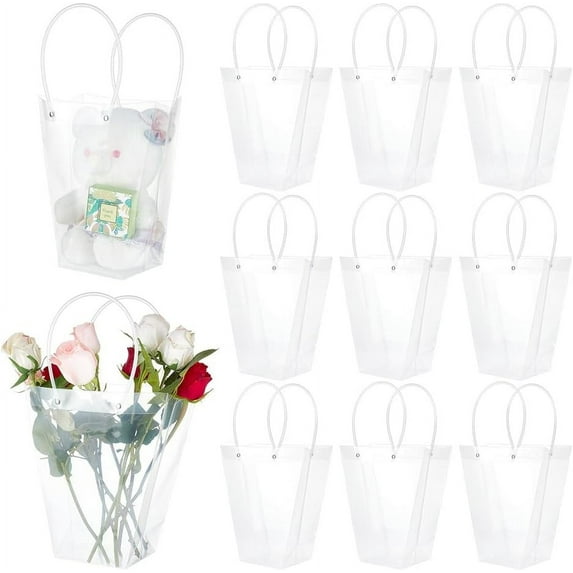 12pcs Valentine's Day Trapezoid PP Plastic Gift Bags Flower Bouquet Bags with Handle Clear 40x23.4x1.3cm Unfold: 12~24x11x16.8cm