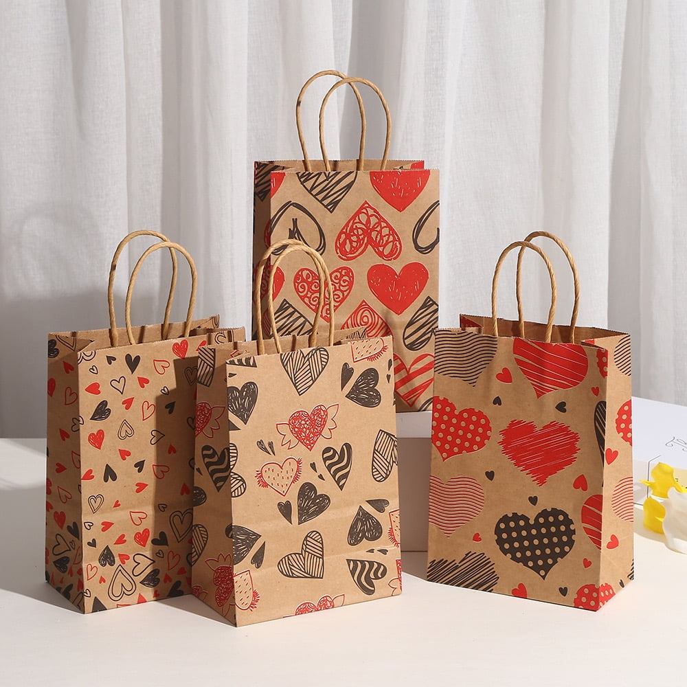 12pcs Valentines Day Kraft Paper Bags Goodie Bags with Handle for for Kids Valentine's Day, Valentines Heart pattern Gift Bags