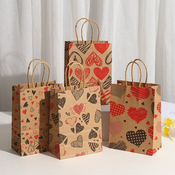 12pcs Valentines Day Kraft Paper Bags Goodie Bags with Handle for for Kids Valentine's Day, Valentines Heart pattern Gift Bags