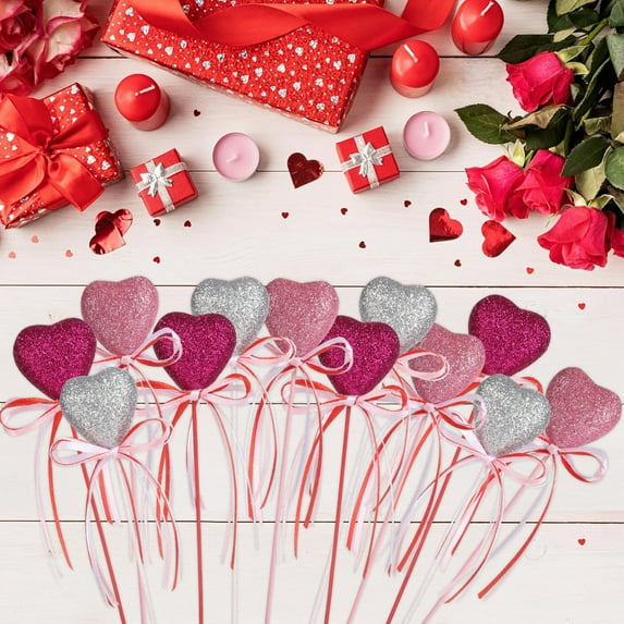 12pcs Valentines Decorations,Valentine's Day Glitter Foam Heart Picks Decoration for Wedding Flower Arrangements Home Holiday Party Crafts Supplies