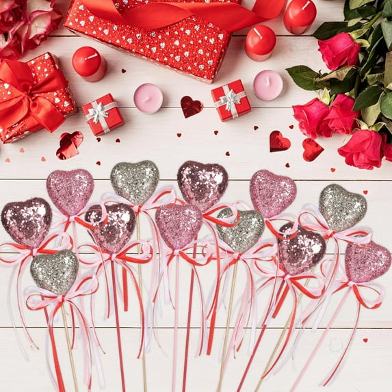 12pcs Valentines Decorations,Valentine's Day Glitter Foam Heart Picks Decoration for Wedding Flower Arrangements Home Holiday Party Crafts Supplies