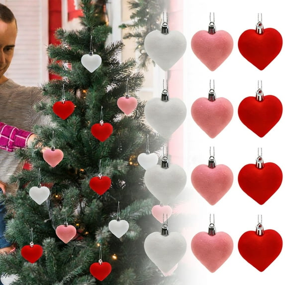 12pcs Valentines Heart Shaped Ornaments, Red, Pink & White Heart Hanging Ornaments, Romantic Heart Shaped Baubles for Valentine's Day, Wedding Anniversary & Party Decor