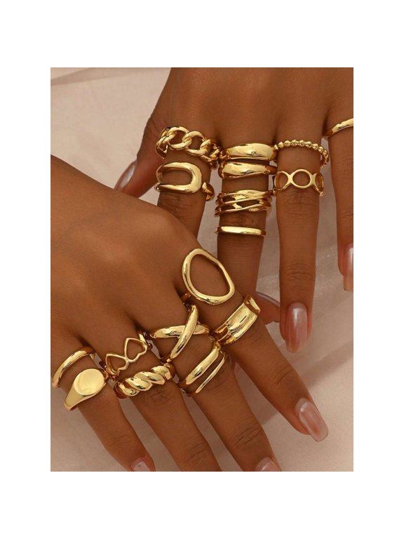 12pcs Vintage Asymmetrical Liquid Ring Set In Yellow Gold, Baroque Style Stackable Rings For Evening Party Daily Wear