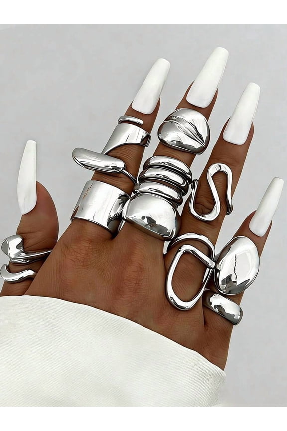 12pcs Vintage Chunky Silver Tone Metal Ring Set For Women, Elegant Statement Rings For Daily Wear And Party