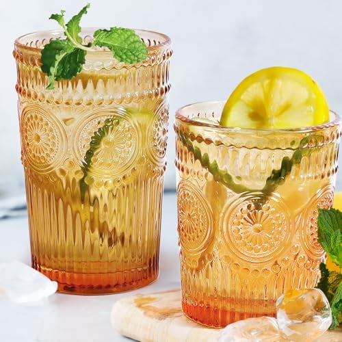12pcs Vintage Drinking Glasses Set, 12 oz Highball Glasses & 9 oz Embossed Ribbed Glassware Cups for Thanksgiving Cocktail, Juice, Coffee, Whiskey (Amber)