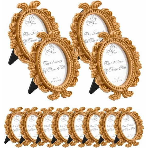 12pcs Vintage Oval Photo Frame Golden Mini Picture Frames 3.6x3.1 Inch Resin Picture Photo Frame Baroque Table Top Frames for Home Art Gallery Display Decorations Goldenrod