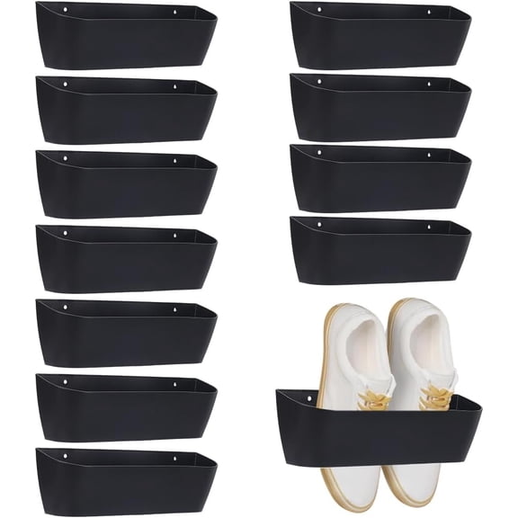 12pcs Wall Mounted Shoe Rack with Sticky Strips Plastic Space Saving Wall Shoe Holder Hanging Shoes Organizer for Entryway Door Wall RV Camper Closet Apartment (Black)