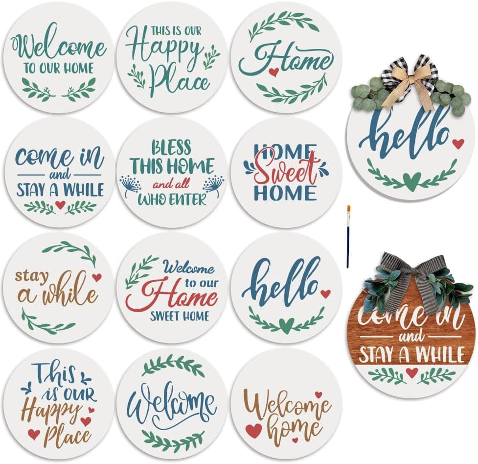12pcs Welcome Stencils for Painting on Wood - Happy Place Hello Home Round  Stencils 12inch Welcome Letters - Wood Sign with Paint Brush for Front Door  ..., image size:977x947