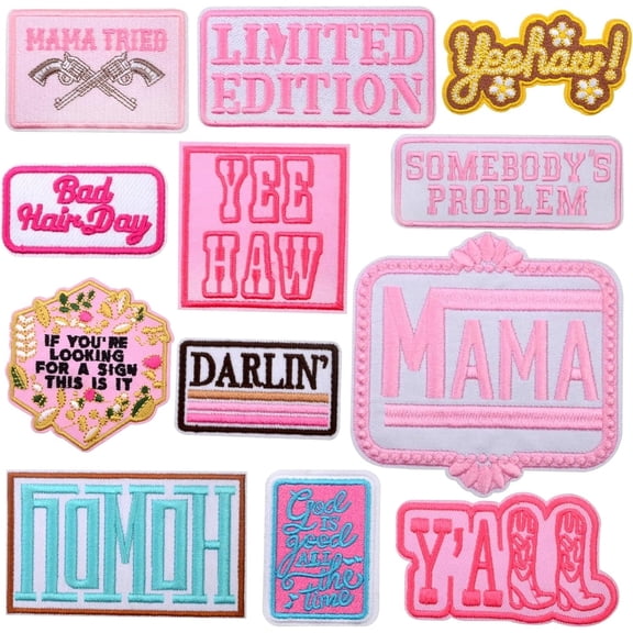 12pcs Western Trucker Hat Iron On Patches Heat Press Cowgirl Boot Phrase Sew-on Embroidered Appliques Repair Accessories for DIY Clothes Coat Hat T-Shirt Bags Jeans Crafts