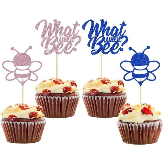12pcs What Will It Bee Cupcake Toppers Gender Reveal Baby Shower Kids Boys Girls Birthday Party Decorations Supplies (Pink Blue)