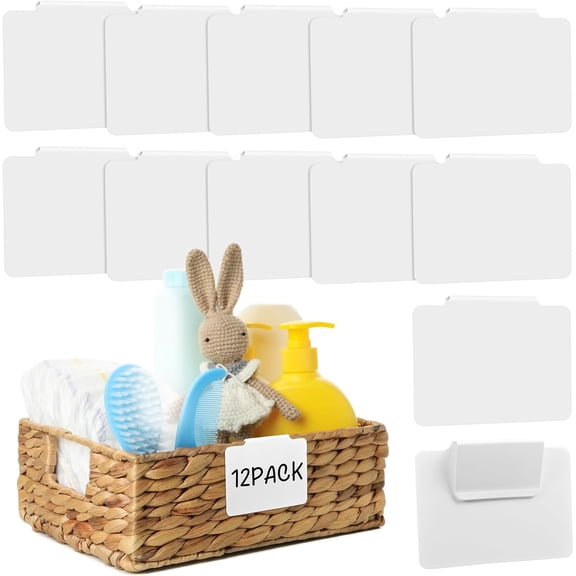 12pcs White Basket Labels Removable PVC Labels Clip On for Storage Bins, Removable PVC Labels for Baskets with Holders, 3.5x2.7 Inches
