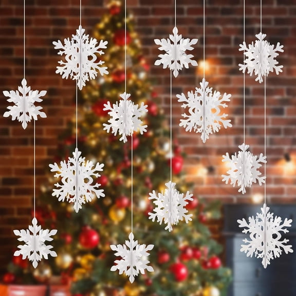12pcs Winter Christmas Hanging Snowflake Decorations White 3D Paper Snowflakes Hanging Garland