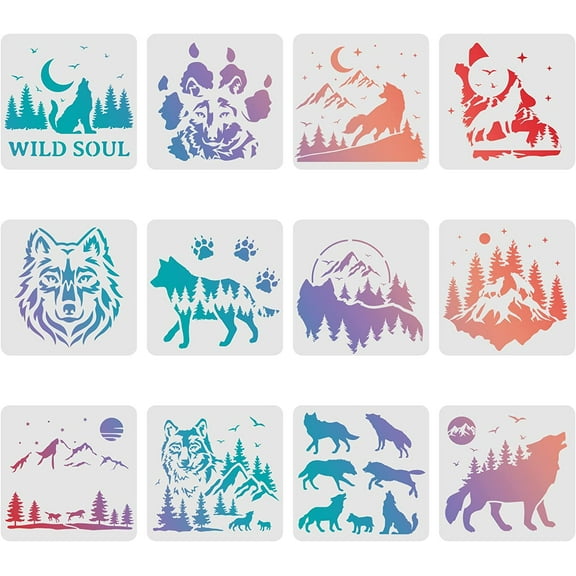 12pcs Wolf Stencils 30x30cm Forest Wolf Painting Decoration Stencils Reusable Mountain Wolf stencil Animal Drawing Stencil for Painting on Wood Floor Wall Fabric