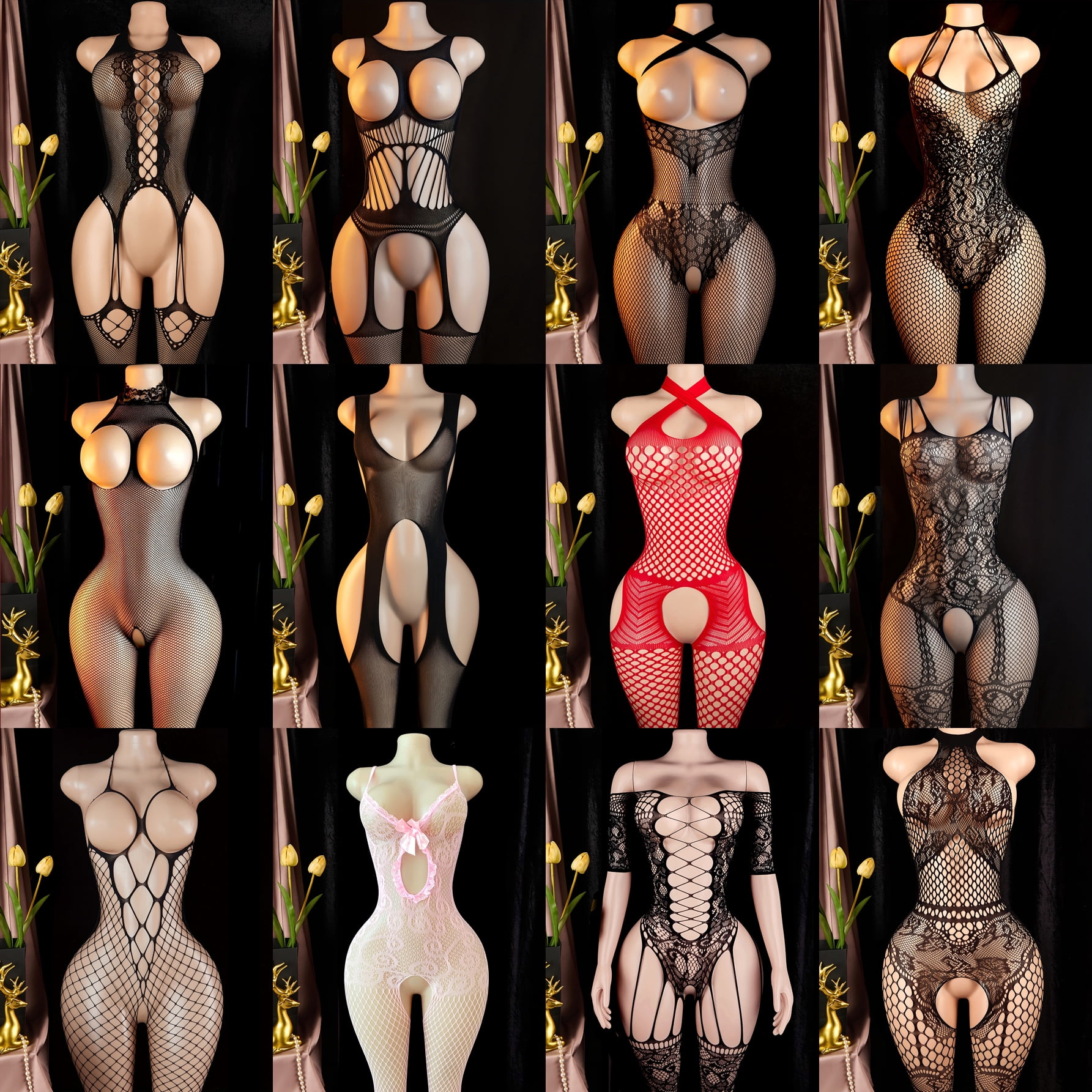 12pcs Women Fishnet Bodystocking Crotchless Lingerie Bodysuit Sexy Tights Babydoll Lingerie