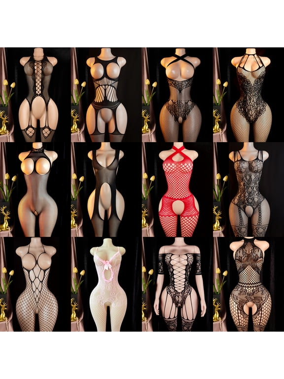 12pcs Women Fishnet Bodystocking Crotchless Lingerie Bodysuit Sexy Tights Babydoll Lingerie