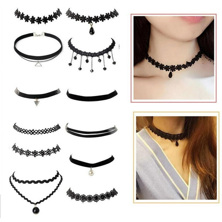 12pcs Women Necklace Handmade Gothic Retro Vintage Lace Collar Choker Necklace Girl Accessories, Women's, Size: One size, Grey